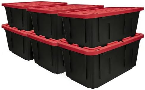 27 Gallon Heavy Duty Plastic Storage Bins with Lids, Black & Red (6) by Unknown