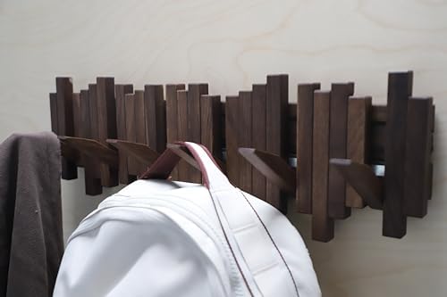 Hardwood Piano Coat Rack| Flip Down Wall Hook Rack 6 Hooks|Heavy Duty Coat Hooks.Made of Acacia Wood (Wood Wax Oil Dyed Walnut Color).Wall Art - Image 4