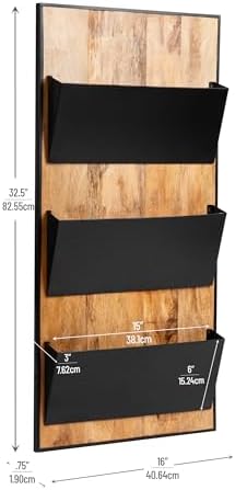 Mind Reader 3-Tier Wall-Mounted File Organizer, Wood and Metal Vertical Rack for Mail, Magazines, and Documents, Black - Image 3