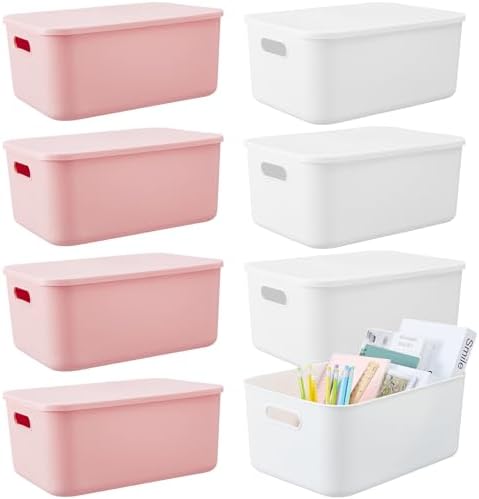 Hoolerry 8 Pieces Storage Bins, 13.8 x 9.8 x 5.9 Inch, White and Pink by Hoolerry