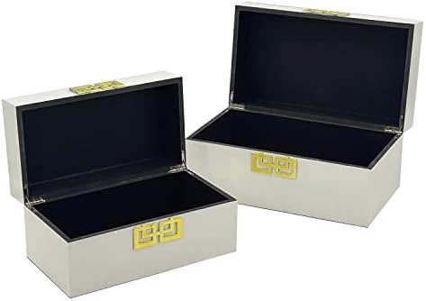Galt International Large & Small Decorative Storage Box w/Hinged Lid - Classic Design Wood Decor Boxes with Geometric Opening Clasp - Home & Office Storage - Set of 2 (White + Gold) - Image 6
