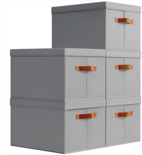 Homsorout Storage Bins with Lids - Large Fabric Closet Bins with Lid, 5 Pack Clothes Organizers and Storage, Collapsible Stackable Cube Basket for Home, Office, Dorm, Grey by Homsorout