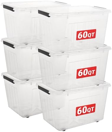Cetomo 60Qt*6 Plastic Storage Bins with Lids, Storage Box with Wheel, Organizing Container with Wheels and Durable Lid, Stackable, Nestable, Transparent with Black Buckle, 60Quart-6 Pack by Cetomo