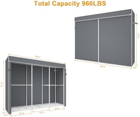 ULIFHOME E14C Pro Heavy Duty Closet Organizer System，Freestanding Clothing Racks for Hanging Clothes，Adjustable Garment Rack 69" W × 16" D × 77" H Hold 960 lbs，White Rack with Grey Dustproof Cover - Image 2