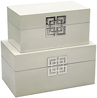 Galt International Storage Box Set Decorative Storage Box w/Hinged Lid Classic Design Wood Decor Boxes with Geometric Clasp Storage for Bedroom & Home - Set of 2 (White & Silver) - Image 3
