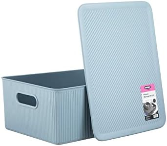 Superio Ribbed Decorative Plastic Home Storage Bins 2 Pack, Blue Organizer Baskets 15 Liter, Boxes for Organizing Closet Shelf (Bin with Lid- Large) - Image 4