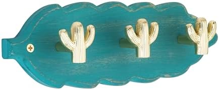 Vintage Wall Mounted Coat Rack with 3 Polished Brass Cactus Hooks – Solid Teal Wood Base, Decorative Hook Rail for Bags & Towels, Southwestern Organizer for Entryway & Bedroom by TheWoodburyLane