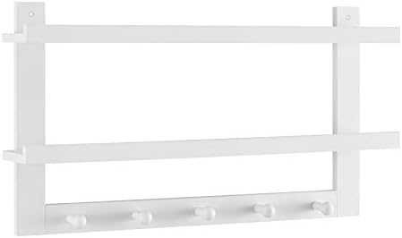 Danya B 2-Tier Ledge Wall Shelf Organizer with Five Hanging Coat or Towel Hooks - Perfect for Entryway or Bathroom (White) by DANYAB