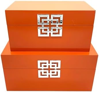 Galt International Storage Boxes - Large & Small Decorative Storage Box w/Hinged Lid - Classic Design Wood Decor Boxes with Geometric Opening Clasp - Home & Office Storage - Set of 2 (Orange) - Image 3