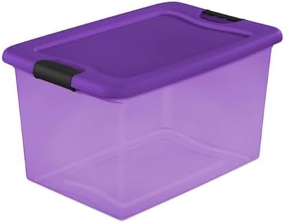 Sterilite 64 Qt Latching Storage Box Stackable Bin with Latch Lid, Plastic Container to Organize Halloween Decor, Purple Tint with Purple Lid, 18-Pack by Sterilite