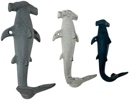Set of 3 Hammerhead Shark Wall Hooks, 5 Inch Blue Gray White Cast Iron - Image 2