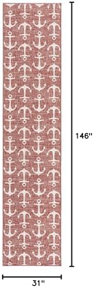 Unique Loom Outdoor Coastal Collection Area Rug - Ahoy (2' 7" x 12' 2" Runner, Rust Red/ Ivory) - Image 2