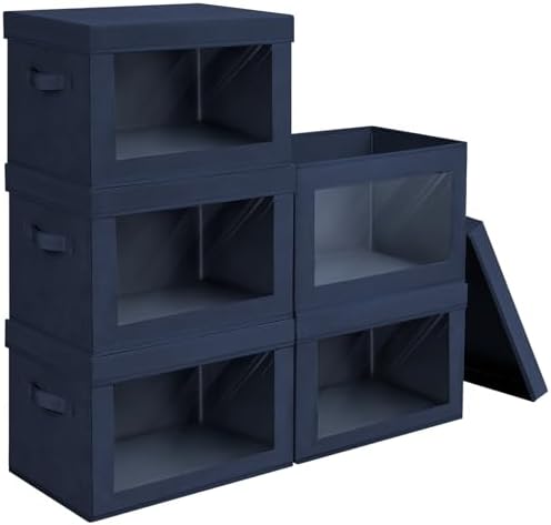 Homsorout Stackable Storage Bins with Lids - Medium Storage Box with Lids, Foldable Closet Boxes for Organizing, Wardrobe Clothes Organizer with Window, Cubes Bins for Living Room, 5 Pack, Navy Blue by Homsorout