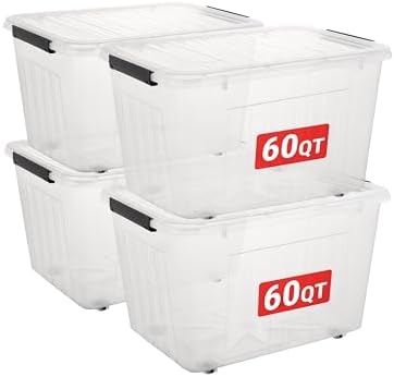 Cetomo Plastic Storage Bins, Lidded Storage Box with Wheels for Home Office Dorm, Wheeled, Stackable, Clear, 60Quart-4 Pack by Cetomo