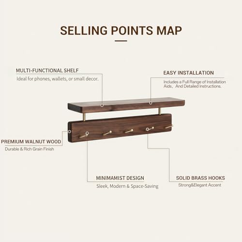 Walnut Wood Coat Rack with Shelf, Wall Mounted Rack with 8 Hooks - Image 6