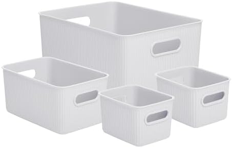 Superio Ribbed Collection - Decorative Plastic Basket Open Home Storage Bins Organizer, White Smoke (Set of 4) 1 Large, 1 Medium, 2 Small - Containers for Organizing Closet Storage Bins for Shelves by Superio