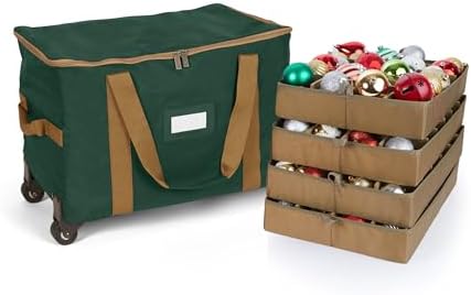 Covermates Keepsakes Rolling Adjustable Ornament Storage Bag – Heavy-Duty Polyester, FlexGrid Trays & Padded Dividers – Protective Holiday Organizer with Wheels, Handles & ID Window, Green by Covermates
