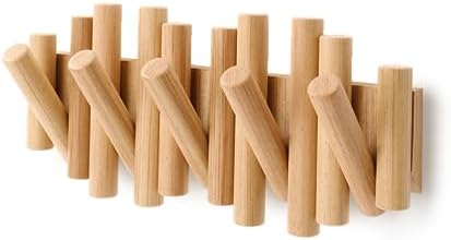 Umbra Picket Wall-Mounted Coat Rack Rail Hook with 5 Retractable Wood Pegs – Modern, Space-Saving Storage Organizer, Natural (Pack of 3) - Image 2
