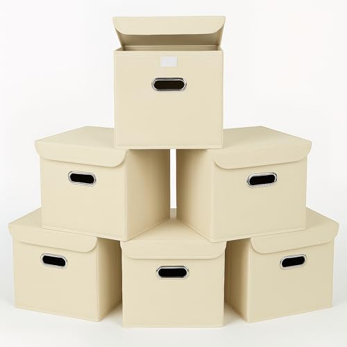 Closet Organizers Fabric Storage Bins With Lids Collapsible Cube Storage Organizer Basket With Handles,Storage Boxes for Clothes Storage,Office,Laundry,Shelves,6 Pack,（Creamy-White by SEVENDOME