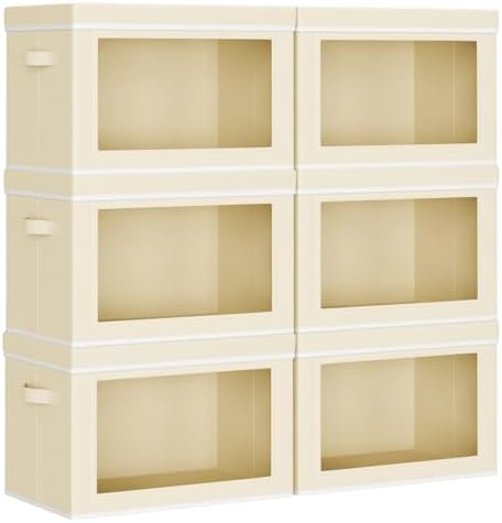 Homsorout Large Storage Baskets with Lids - Stackable Cube Bins for Closet, 6 Pack Beige Windows Organizer Bins, Home Organizers and Storage for Clothes, CD, Towels by Homsorout