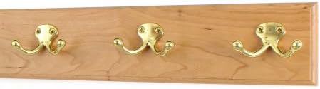 Cherry Coat Rack with Solid Brass Double Style Hooks (Natural, 15" x 3.5" with 3 hooks) by PEG+AND+RAIL