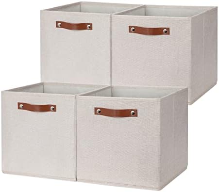 DULLEMELO 12inch Cube Storage Baskets for Shelves Closet Storage,Sturdy Home Organization Bins for Gifts Empty,Foldable Fabric Storage Cubes Baskets for Nursery Toys Clothes Storage(Beige-4 Pack) by DULLEMELO