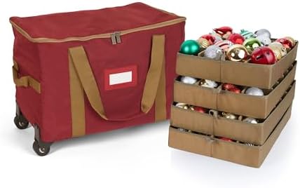 Covermates Keepsakes Rolling Adjustable Ornament Storage Bag – Heavy-Duty Polyester, FlexGrid Trays & Padded Dividers – Protective Holiday Organizer with Wheels, Handles & ID Window, Red by Covermates