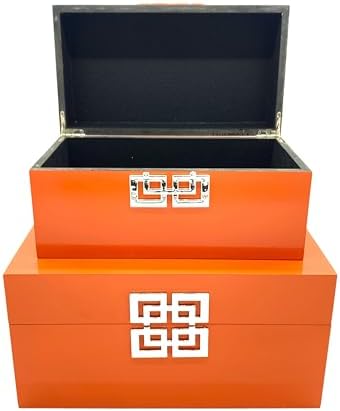 Galt International Storage Boxes - Large & Small Decorative Storage Box w/Hinged Lid - Classic Design Wood Decor Boxes with Geometric Opening Clasp - Home & Office Storage - Set of 2 (Orange) - Image 4