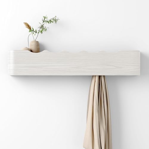 Coat Rack Wall Mount with Hidden Hooks, Wall Hooks with Shelf, Wall Key Holder Mount Wooden Shelf Entryway Hooks for Bedroom Bathroom for Hanging Coats Hats Bags Towels (White Wave-Shape, 5 Hooks) by Nevsokio