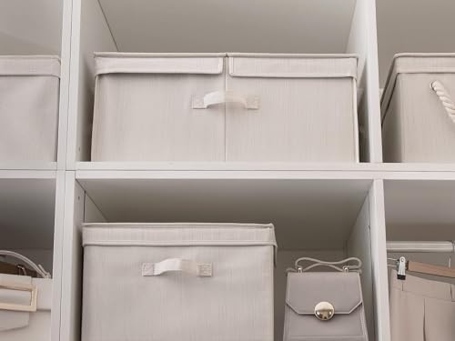 StorageWorks Extra Large Storage Bins with Lids, 55L Decorative Storage Bins with Double-Open Lid and Divider Board, Fabric Bins with Handles, Mixing of Beige, White & Ivory, 2-Pack - Image 5