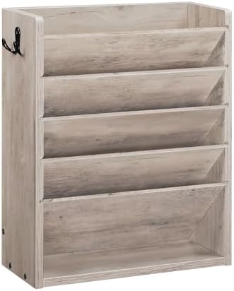 CHOEZON Wall File Organizer, 6-Tier Vertical Mount Hanging Holder with 2 Side Hooks, Modern Wooden Magazine Storage Holder with Bottom Tray, Desk Organizer, for Office, Home, Greige MWJ01FH by Choezon