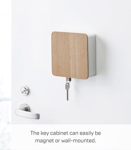 YAMAZAKI Home Rin Square Magnetic Key Cabinet - Wood Accented Keychain Organizer - Steel + Wood - Image 4