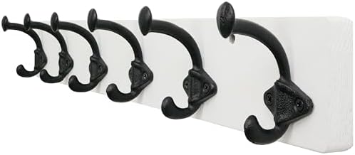 WEBI Rustic Coat Rack Wall Mount,24" Long 6 Cast Iron Coat Hooks Wall Mounted,Heavy Duty Farmhouse Wood Coat Hanger Wall Antique Vintage Hooks for Hanging Jacket,Clothes,Backpack,Black on White by WEBI