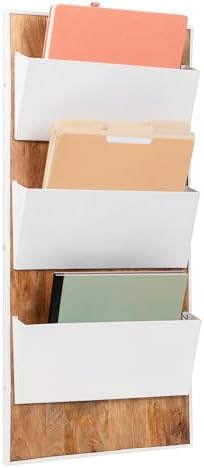 Mind Reader 3-Tier Wall-Mounted File Organizer, Wood and Metal Vertical Rack for Mail, Magazines, and Documents, Metal, Wood, White by MindReader