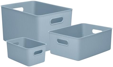Superio Ribbed Collection - Decorative Plastic Basket Open Home Storage Bins Organizer, Blue (Set of 3) 1 X-Large, 1 Large, 1 Medium - Container Boxes for Organizing Closet Storage Bins for Shelves by Superio