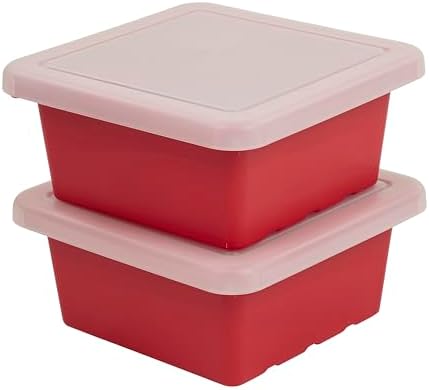 ECR4Kids Stackable Square Bins with Non-Snap Lids, Multipurpose Organization, Red, 2-Pack by ECR4Kids