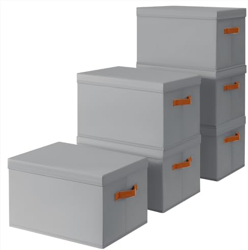 Homsorout Storage Bins with Lids - Large Fabric Closet Bins with Lid, 6 Pack Clothes Organizers and Storage, Collapsible Stackable Cube Basket for Home, Office, Dorm, Grey by Homsorout