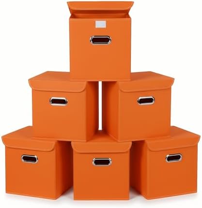Closet Organizers Fabric Storage Bins With Lids Collapsible Cube Storage Organizer Basket With Handles,Storage Boxes for Clothes Storage,Office,Laundry,Shelves,6 Pack,（Orange） by SEVENDOME