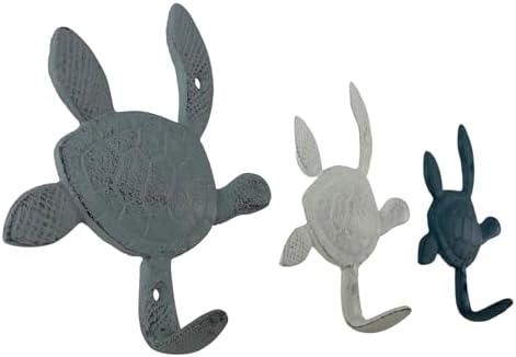 Zeckos Set of 3 Sea Turtle Wall Hooks, 5.75 Inch Blue Gray White Cast Iron - Image 2