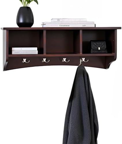Alaterre Furniture Shaker Cottage Wall-Mounted Coat Rack with 3 Storage Cubbies and 4 Hooks – Space-Saving Storage Rack and Wall Shelf Organizer for Entryway, Hallway, or Mudroom (Espresso Finish) by AlaterreFurniture