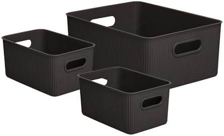 Superio Ribbed Collection - Decorative Plastic Basket Open Home Storage Bins Organizer, Brown (Set of 3) 1 Large, 2 Medium - Container Boxes for Organizing Closet Storage Bins for Shelves by Superio