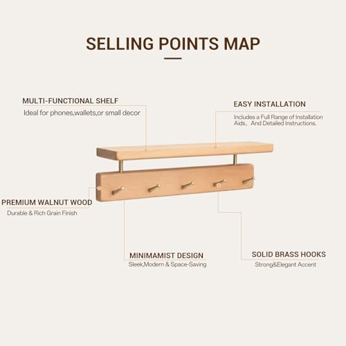 Beech Wood Coat Rack with Shelf, Wall Mounted Rack with 5 Hooks - Image 4