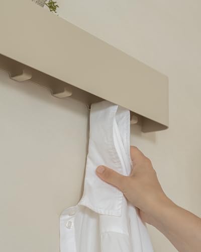 Kazai. Coat Rack Wall Mount with Shelf 'Tone' | Modern Design Coat Hanger with Hidden Hooks and Storage | Hat Rack with Shelf in Metal | Wall-Mounted Purse Organizer | Sand Taupe - Image 5