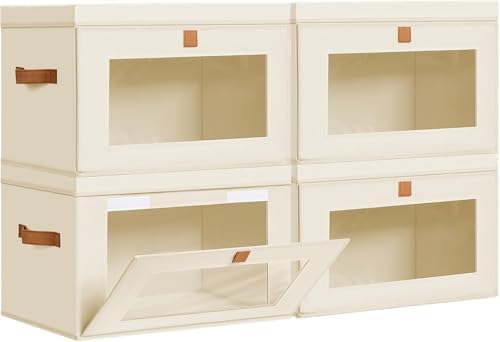 DIMJ Storage Bins with Lids - 4 Pack Fabric Closet Organizer with Window & Handles, Collapsible Decorative Storage Boxes for Shelves Under Bed, Books Clothes Blankets Sweaters Organization by DiMJ