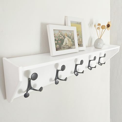 SKOLOO Wall Shelf with Hooks, 35-Inch White Coat Rack Wall Mount with Shelf Organizer - Lightweight & Sturdy​​, 5 Tri Hooks - Perfect for Entryway, Hallway, Living Room, Bedroom, Mudroom - Image 5