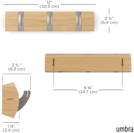 Umbra Flip Coat Rack, Wall Mount Retractable Hooks, 3-Hook, Natural/Nickel - Image 3