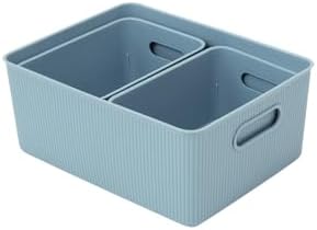 Superio Decorative Plastic Basket Open Home Storage Bins Organizer, Blue (Set of 3) 1 Large, 2 Medium - Container Boxes for Organizing Closet Storage Bins for Shelves Drawer Shelf - Ribbed Collection by Superio