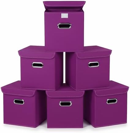 Closet Organizers Fabric Storage Bins With Lids Collapsible Cube Storage Organizer Basket With Handles,Storage Boxes for Clothes Storage,Office,Laundry,Shelves,6 Pack,（Purple） by SEVENDOME