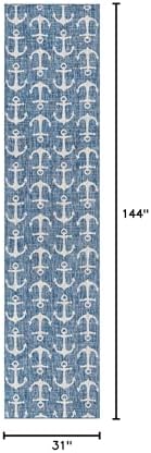 Unique Loom Outdoor Coastal Collection Area Rug - Ahoy (2' 7" x 12' Runner, Blue/ Ivory) - Image 2