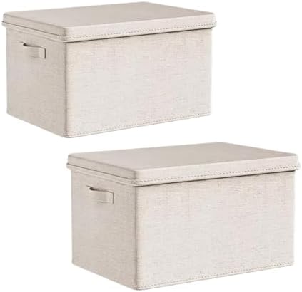 Jumbo Fabric Storage Bins with Lids 19.7*13.8*12.2 in, 2-Pack Storage Baskets for Closet, Large Linen Organizers and Storage Bins for Bedroom, Collapsible Baskets and Bins with Handles, Off White by Sawjay